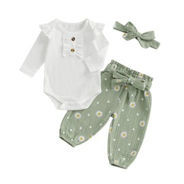 LYSINK Newborn Baby Girl Fall Winter Clothes Infant Ruffle Long Sleeve Romper and Pants Cute Daisy Outfits (01Green, 3-6 Months)