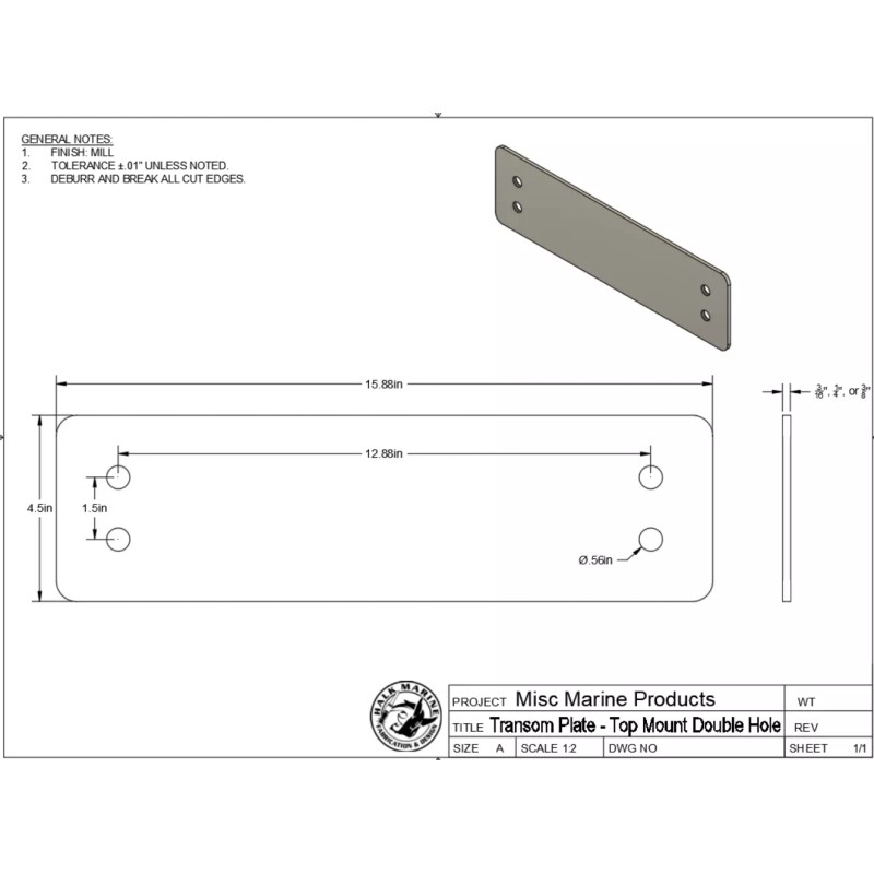 Halk Marine Outboard Transom Support Plate - 3/8" Double Hole