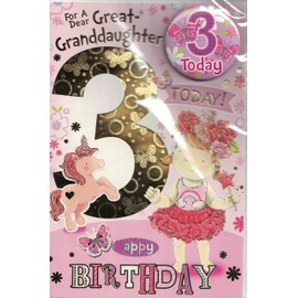 Birthday Card for Great-Granddaughter, Age 3, with Badge, Special Girl Design