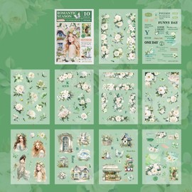 MAFELOE PET Aesthetic Sticker Book of 10 Pages, Decorative Scrapbook Art Supplies for Bullet Journaling Planner Album Calendars-Romantic Season Series-Green (M4-P-LMSJ)