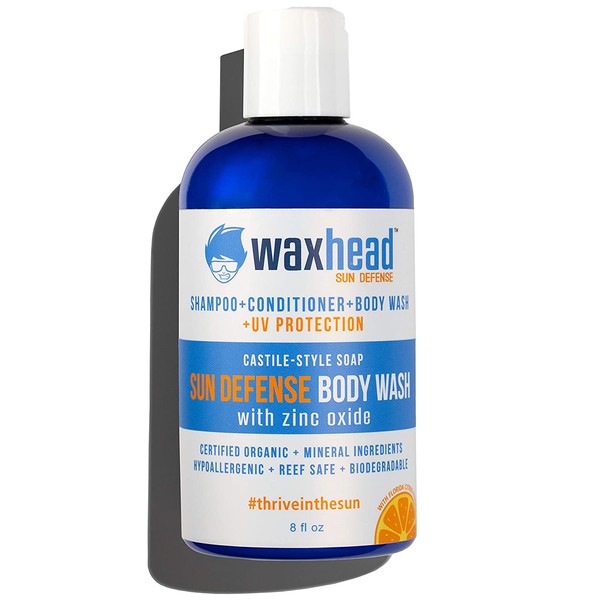 Waxhead Sun Defense Body Wash + Shampoo. Protects Hair, Scalp Sunscreen, Biodegradable, Castile Soap Liquid, Camping, Sensitive Skin, Baby Soap, Eczema Safe (8oz)