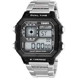 Clefer TS-D306-BK Digital Men's Wristwatch, Waterproof, Metal Band, Silver, Black, Bracelet Type