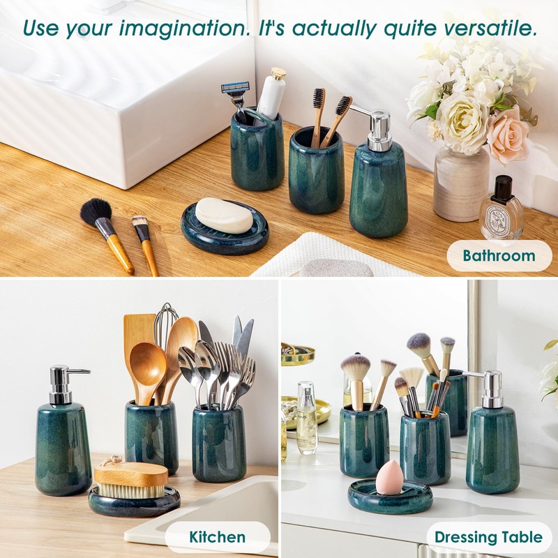 vancasso Green Bathroom Accessories Set, Ceramic Soap Dispenser and Toothbrush