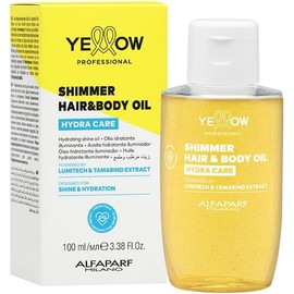"YELLOW PROFESSIONAL HYDRA CARE SHIMMER HAIR & BODY OIL 100 ml Aceite hidratante iluminador para todo tipo de cabello POTENCIADO CON LUMITECH & TAMARIND EXTRACT CONCEBIDO PARA BRILLO Y HIDRATACIÓN"