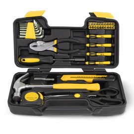 Auto Dynasty Tool Kit for Home 39-Pieces, Basic Household Hand Tool Sets with Screwdrivers Combination Tools, All in One Plastic Toolbox Storage Case for College Dorm, Office, Auto Repair (Yellow)
