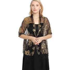 OurLore Women's Glittering 1920s Shawl Scarf Mesh Sequin Wedding Bridal Cape Fringed Evening Wraps Shawls (B-Black Gold)