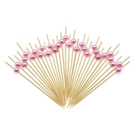 Minisland Pink Pearl Cocktail Picks, 4.7 Inch Long Bamboo Fancy Toothpicks for Appetizers, Decorative Valentines Baby Shower Holiday Party Food Drink Garnish Fruit Skewer Sticks 100 Counts - MSL153