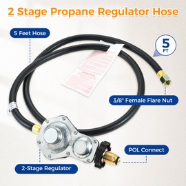 DRELD 2 Stage Propane Regulator with 5Feet Hose, Dual Stage Propane Hose with POL Connector and 3/8in Female Flare Fitting for RV, Camp Stoves, Gas Grills, Heaters - Fits 5-100 lb Propane Tanks