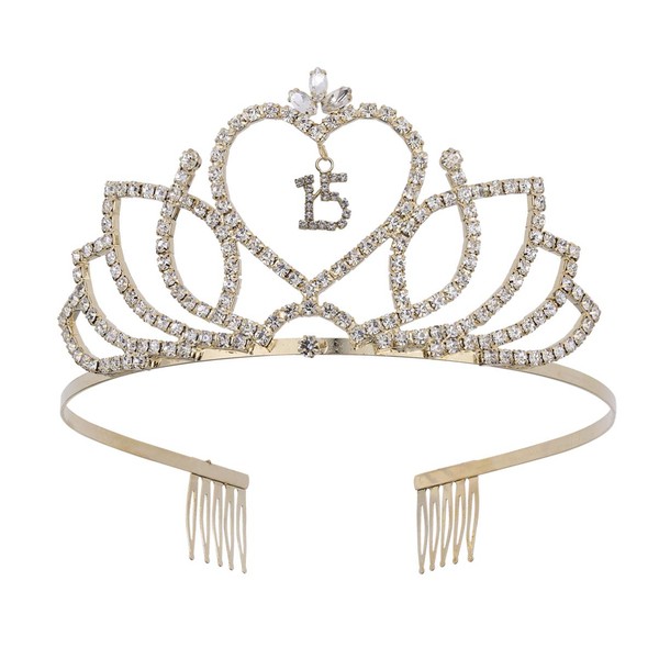 Minkissy Crystal Rhinestone Women 15th Birthday Tiara Crown with Hair Comb 15th Birthday Wedding Anniversary Jewellery Gift Silver (Golden)