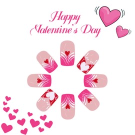 Rose Red French Tip Press on Nails Medium Square Fake Nails with Cute Hearts Design Valentines False Nails Press ons Glossy Glue on Nails Acrylic Valentines Day Stick on Nails for Women 24 Pcs