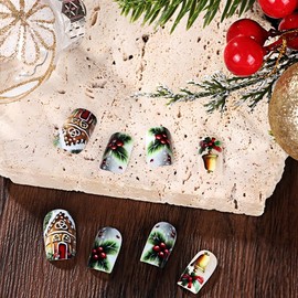 24Pcs Christmas Press on Nails Gingerbread Man Xmas Fake Nails Winter House Snowflake False Nails Full Cover Cute Gradient Stick on Nails Christmas Glue on Nails for Women Manicure Kit