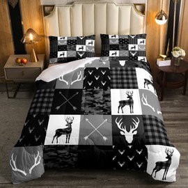 Camo Deer Comforter Set King Size,Western Rustic Farmhouse Xmas Bedding Set,Kids Boys Girls Room Decor,Antlers Arrows Geometric Plaids Comforter,Black Grey Retro Duvet Insert,3pcs,2 Pillowcases
