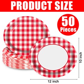 EggSun Gingham Oval Paper Plates 10’’ x 12’’,Large Disposable Heavy Duty Red and White Buffalo Checked Plaid Paper Plates for Birthday Wedding Bridal Baby Shower Tea Party Supplies,50 Guest