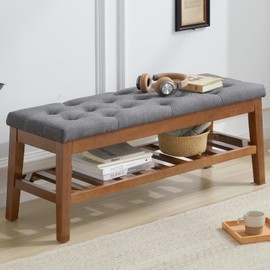 MILCIL Upholstered Shoe Bench Entryway Bench for Bedroom, End of Bed, Ottoman Bench Tufted Padded Seat with Solid Wood Shelf for Living Room, Linen Dark Gray