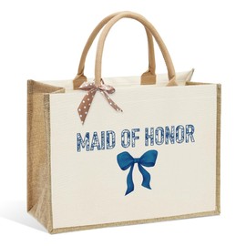 KongMoTree Bride Wedding Tote Bag, Bridal Shower Gifts, Bachelorette Party Bags, Coquette Bow Tote Bag with Floral for Wedding Engagement Bachelorette Party Honeymoon Travel - Maid of Honor Blue