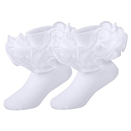 KUANINUNAR Toddler Baby Girls Ruffle Soft Double Frilly Lace Socks Kids Cute Ankle Cotton Dress Socks (US, Age, 6 Years, 8 Years, White)