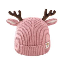 leomoste Baby Beanie Hat Cute Antlers Reindeer Crochet Knitted Hat Winter Warm Cap for Toddler Boys Girls Pink