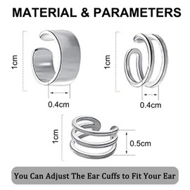 3Pcs Silver Ear Cuff Earrings, Adjustable Clip on Earrings, Non-Piercing Fake Helix Cartilage Cuff Earrings for Women Man