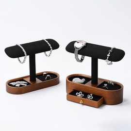 Oirlv Solid Wood Watch Stand with Drawer T-bar Watch Holder Organizer for Men and Women Showcase Bracelet Bangle Jewelry Display Stand Rings Earrings Necklace Storage(Drawer,Black)