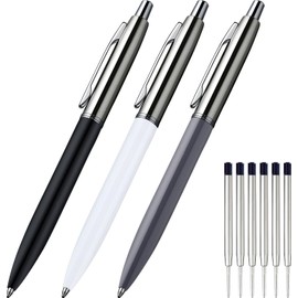 ChaoQ Ballpoint Pen, 3 Pcs Retractable Metal Ballpoint Pens, for Gift, Business, Office, 1.0mm Medium Point Black Ink, 6 Extras Replaceable Metal Refills, (3 Pens and 6 Refills) - Black, White, Gray