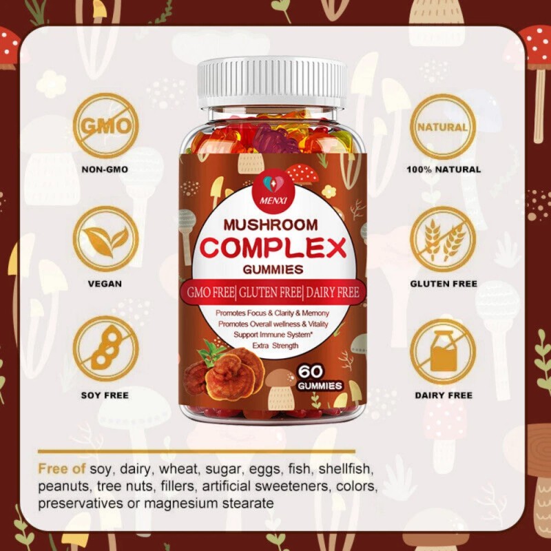 MENXI Mushroom Extract Complex Gummies Lions Mane Chaga Reishi Focus