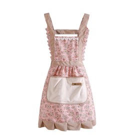 SamHeng Floral Apron for Women, Princess Style Ruffle Kitchen Apron Adjustable Canvas Apron with Hand Wipe Pocket, Flower Chef Apron for Cooking Baking Painting Gardening BBQ Coffee House (Pink)