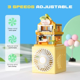 QearFun Small Desk Fan,USB Rechargeable Battery,Cute Building Blocks City Street Fan for Kids with 3 Speeds Strong Wind,DIY Creative Model Set for Desktop/Home/Offic-Yellow Dessert Planet