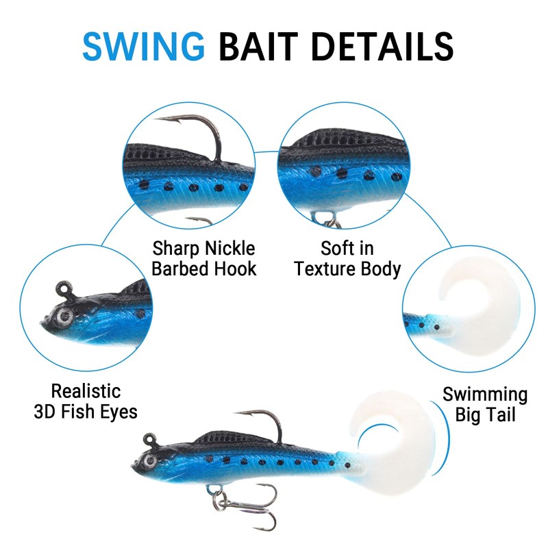 15PCS Lifelike Paddle Tail Swimbaits with Jig Heads, Pre-Rigged Soft