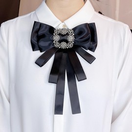 black Ribbon brooch pins for women rhinestone Crystal bow brooch black for Men/Women Pre-Tied Neck Tie BowTie Patriotic jabot Collar for Christmas Decoration (black/J20)