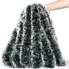 10M Chunky Christmas Tinsel Garland for Christmas Tree and Home, Christmas Tree Hanging Tinsel Xmas Tinsel Decorations, Dark Green Xmas Tinsel