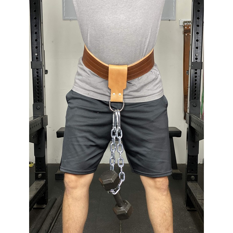 Leather Dip Belt Strap with Chain for Weight Lifting -