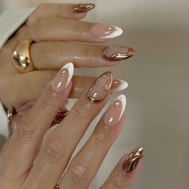 White French Tip Press on Nails Almond Fake Nails Medium French Tip Acrylic Nails with Star Rhinestone Designs 3D Gold Edge False Nails Glossy Glue on Nails Reusable Stick on Nails for Women Girls