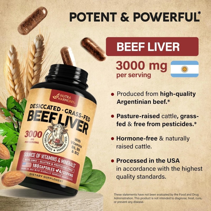Beef Liver Capsules 3000 mg - Organic Desiccated Beef Liver