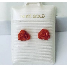 Unbranded Small 14K Gold  Genuine Natural Aka Red Coral Hand Carved Rose Stud Earrings NEW