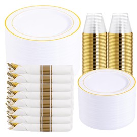 DaYammi 350PCS Gold Plastic Dinnerware Set for 50 Guests, Fancy Disposable Plates for Party, Include: 50 Dinner Plates, 50 Dessert Plates, 50 Pre Rolled Napkins with Gold Silverware, 50 Cups