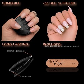 By Vixi 600 Medium Caffin Nails with Preparation File, 12 Sizes - Clear Express Fingernail Extensions, Full Coverage. For Professionals & Home Use