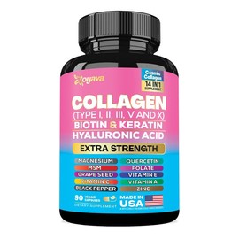 Zoyava Collagen Supplement - Type I, II, III, V and X - with Biotin, Keratin, Hyaluronic Acid & 13+ Extra Strength Ingredients - 90 Capsules - MADE IN USA - Specification: 90 Count (1 Month Supply)