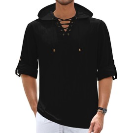 OYOZONE Linen Shirts for Men Long Sleeve Camisa de lino para Hombre lace up Black Hoodie Vintage Men Medieval Tunic