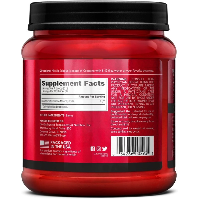 BSN Micronized Creatine Monohydrate Powder, Unflavored Creatine Powder, Micronized, Supports