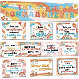 Groovy Ten Commandments Poster for Kids Hippie Sunday School Christian Bible Verse Poster Decorations Retro Inspirational Religious Scripture Bulletin Board for Classroom Church Home Wall Decor