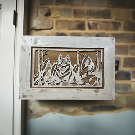 Hidden Gun Storage Cabinet with a 3D White Wolf and Mountain Scene – Secure Wall-Mounted Gun Safe by Bellewood Designs