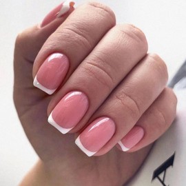 Ceboic 24 Pcs Square Short False Nails, French Tips Press on Nails Acrylic Full Cover Fake Nails, Glossy Removable Stick on Nails with Glue Sticker for Women and Girls (Nude & White Border)