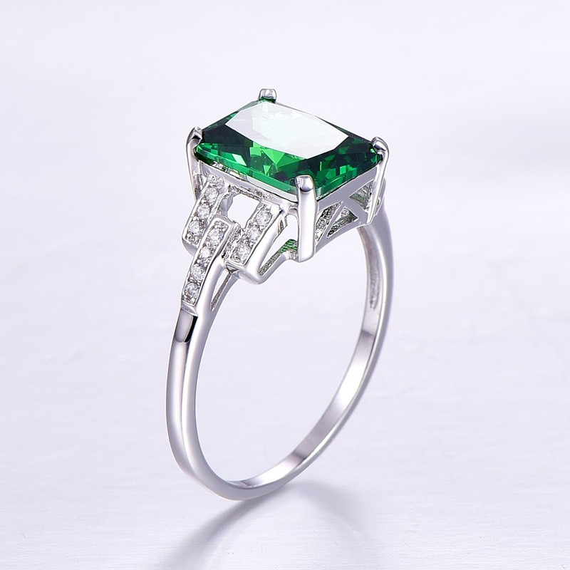 Bonlavie Silver Rings for Women Emerald Cut Created Green Emerald