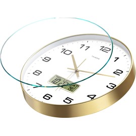 TIMESS Wall Clock, 12" Dial Non-Ticking Silent Battery Operated Analog with LCD Display for Perpetual Calendar and F° Temperature, Ideal Modern Home, Bedroom, Kitchen, Office Decor (Gold)