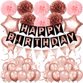 Rose Gold Birthday Party Decorations for Women Girls, Rose Gold and Pink Happy Birthday Banner Hanging Swirls Heart Star Foil Confetti Balloons Paper Pom Poms for Birthday Princess Party Supplies