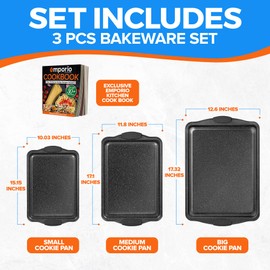 Emporio Kitchen Baking Pan Set - Nonstick Coating, Carbon Steel Bakeware Sets with Gray Silicone Handles, PFOA, PFOS, PTFE Free, Recipe Booklet Included, Oven Safe Tray (Up To 450° F), Set of 3 - Gray