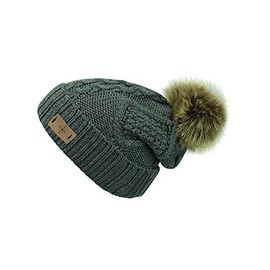 Luxury Divas Charcoal Gray Fleece Lined Cable Knit Beanie Cap Hat with Pom Pom