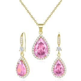 Sumonyo - Juego de joyas para mujer, chapado en plata/dorado, con colgante de lágrima, aretes colgantes con piedras de nacimiento, cristales de imitación, cumpleaños, aniversario, boda, día de la madre, regalos para mujeres, Metal, Cristal