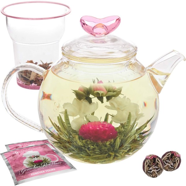 Teabloom Eternal Love Teapot – Glass Teapot (36 oz), Heart-Topped Lid, Glass Loose Leaf Tea Infuser + 2 Gourmet Blooming Teas - Thermal Shock Resistant - Stovetop Safe