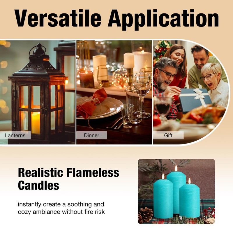 Eywamage Turquoise Blue Flameless Pillar Candles with Remote, Flickering LED